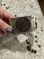 Vtg Nickel Silver 1883 Morgan Dollar Leather Belt And Buckle 395 Long G2U