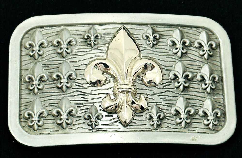 Belt Buckle Gold Tone Fleur De Lie Emblem on Silver Tone Rectangular