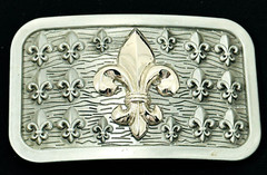 Belt Buckle Gold Tone Fleur De Lie Emblem on Silver Tone Rectangular