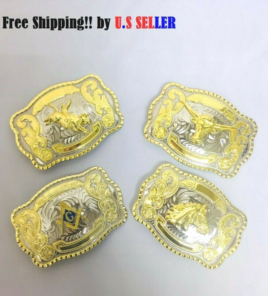 WESTERN PRAYING COWBOY RODEO MASONIC BULL HORSE HEAD LONG GOLD SHINY BELT BUCKLE