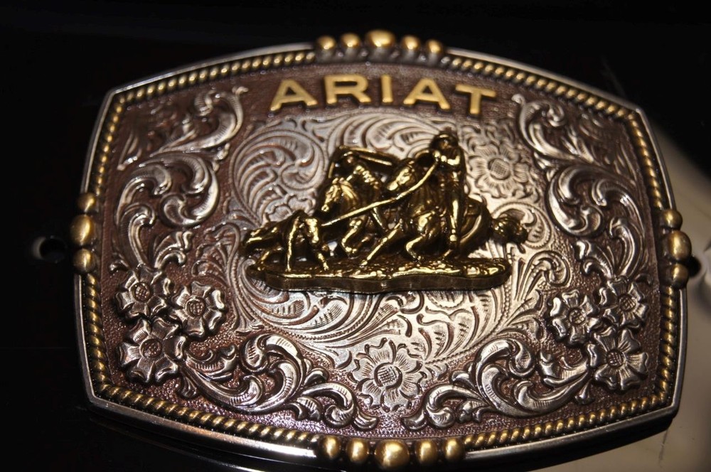 Ariat Western Belt Buckle Filigree Logo Team Roper Silver tone A37064