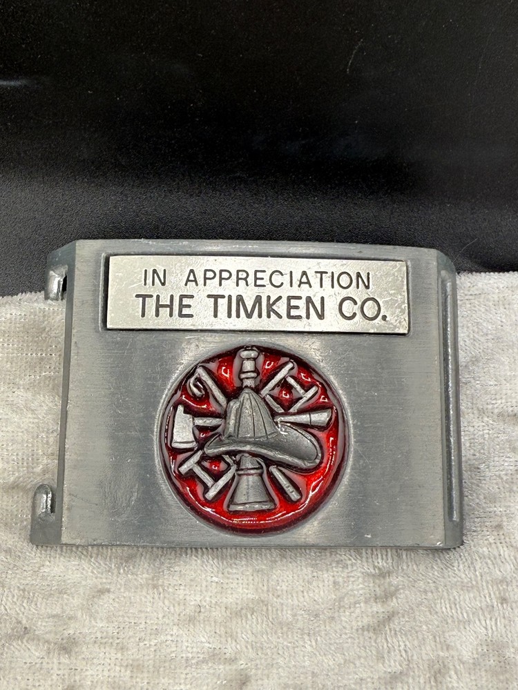 Vintage Firefighter Appreciation Belt Buckle Silver Tone Enamel The Timken Co.