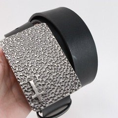 Hammered Belt Women Black Faux Leather Silver Plaited Buckle Cross Biker