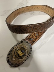 Vtg Lyatone Saddle Leather Belt Cowboy Boots Belt Buckle Sze 34 2565 Top Grain
