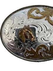 Horse Cowboy large belt buckle Alpaca Mexico 4.5&Prime; x 3.25&Prime; Rodeo Country