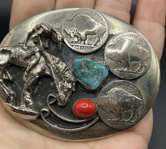 vintage HANDCRAFTED belt buckle BUFFALO NICKEL native american indian TURQUOISE