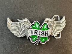 Irish Lucky Four 4 Leaf Clover W/ Wings Cutout Green & Silver Belt Buckle