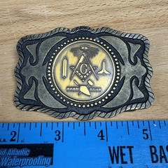 Masonic Belt Buckle Mens Gold Tone Metal Square Compass G Western Antique Finish