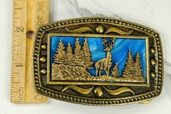 Stag and Trees in Moonlight brass belt buckle western