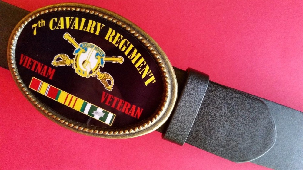 Vietnam Veteran 7th CAVALRY REGIMENT Epoxy Belt Buckle &Blk bonded Leather belt