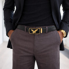 Men Eagle Buckle Belt Automatic Ratchet PU Leather Adjustable Black