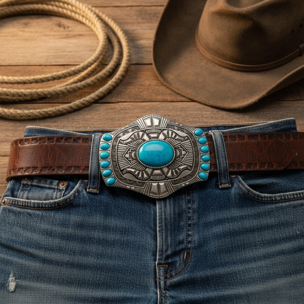 Men Women Silver Metal Belt Buckle Southwestern Ethnic Bold Turquoise Blue Color