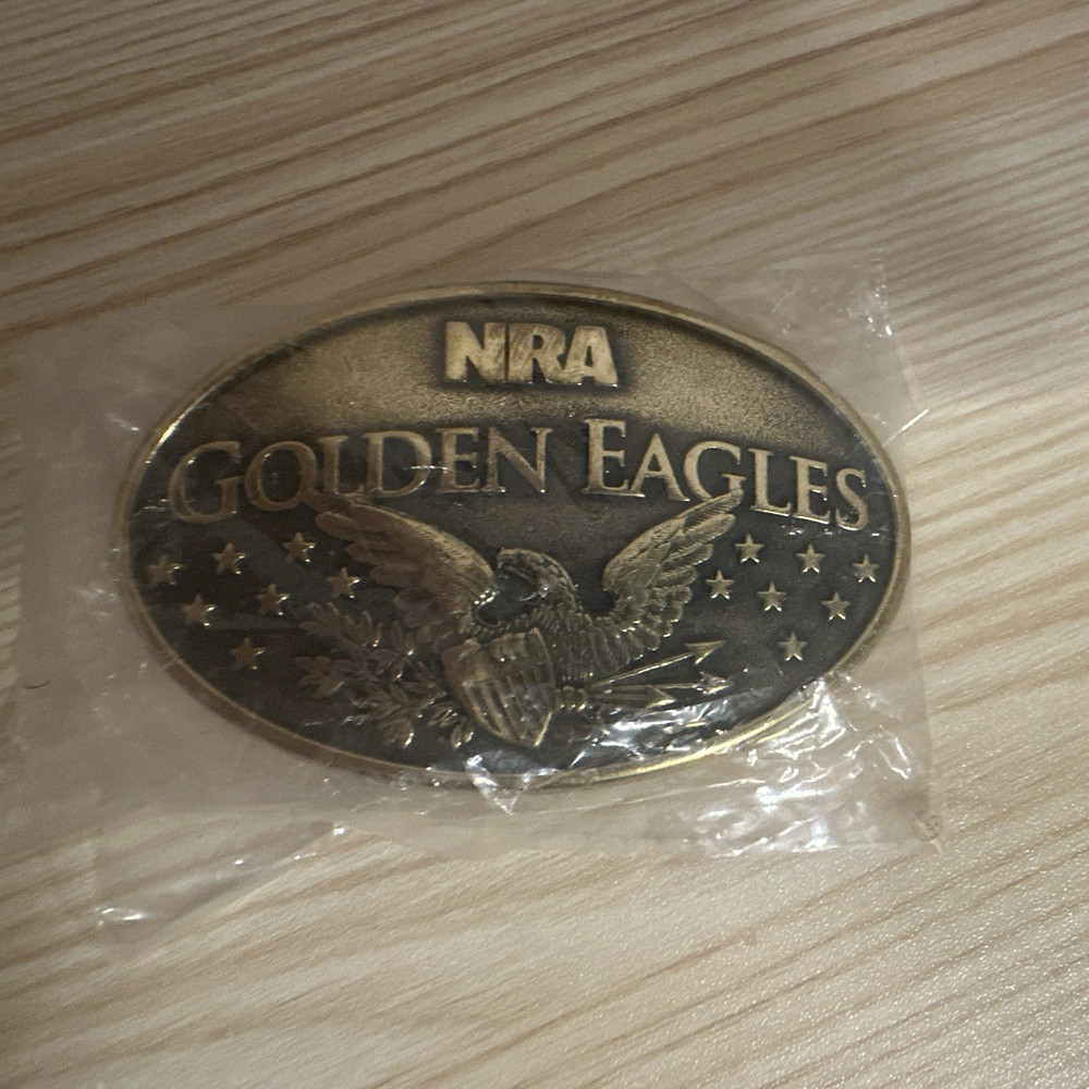 NRA Oval Golden Eagles Western Belt Buckle Metal Brass 3.5” x 2.25”
