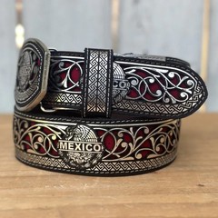 Genuine Laser Cut Leather Mexico Western Belt with Removable Buckle – Silver