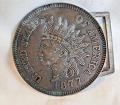 Vintage 1877 Indian Head Penny Belt Buckle Bronze Tone Round Coin Americana 3.75