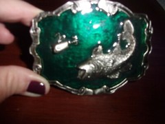 GREEN ENAMEL & METAL FISHING BELT BUCKLE