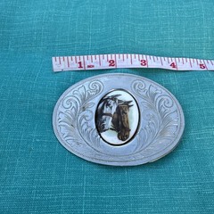 Vintage Western Horse Head Belt Buckle Engraved Silver Tone Oval Cowboy