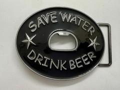 SAVE WATER DRINK BEER Novelty Black Enameled Belt Buckle with Bottle Opener
