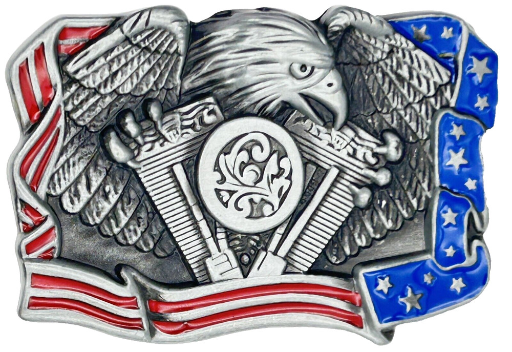 Patriotic Eagle & USA Flag V-Twin Motor Motorcycle Enameled Belt Buckle New