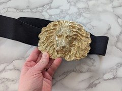 Vintage Lion Head Oversize Gold Metal Belt Buckle Elastic Fashion Belt 80&rsquo;s 90&rsquo;s
