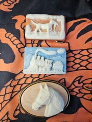 3 Vintage CAMEO belt buckles Horse, Train, and Hunting Dog. Robert Nemith