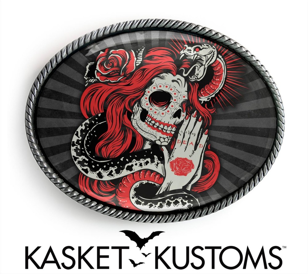 Sugar Skull Snake Belt Buckle – Day of the Dead Handmade Tattoo Buckle – 814