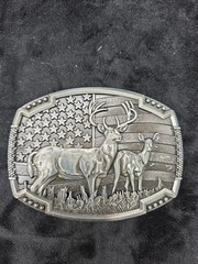 American Flag Deer Hunting Belt Buckle – Buck & Doe, Antique Silver Western