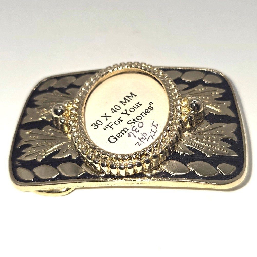 Vintage Goldt Tone Western Belt Buckle Blank Black Filigree Scrollwork 30x40mm