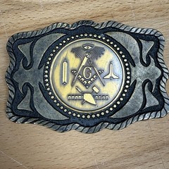Masonic Belt Buckle Mens Gold Tone Metal Square Compass G Western Antique Finish