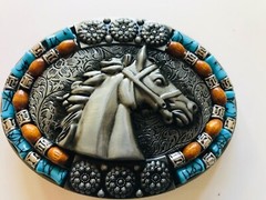 Belt Buckle Brass horse head with turquoise and rust inlaid stone Men women