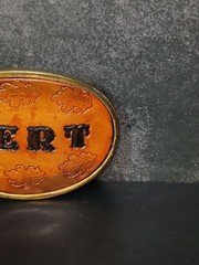 Vintage BERT Leather Inlay Brass Tone Belt Buckle Made USA