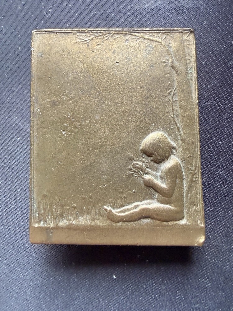 BERGAMOT BRASS WORKS CHILD HOLDING FLOWERS METAL BELT BUCKLE