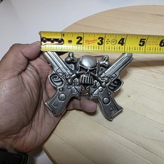 Rock Rebel Large skull and crossed 2 guns belt buckle Antiqued Silver Tone 2A