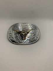 Silver And Gold Toned Longhorn Steer Cattle Belt Buckle Cowboy Cowgirl