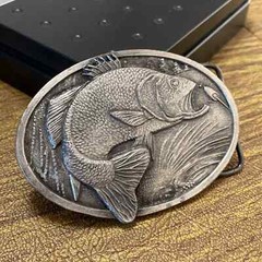 Vintage 1977 3D top water jumping Bass Pewter Gray Bergamot X-144 Belt Buckle