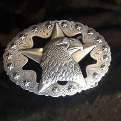 Vintage TLF Eagle Stars Engraved Scroll Silver and Gold tone Belt Buckle