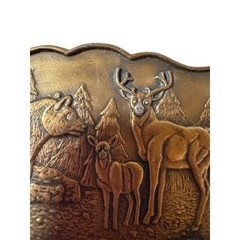 Antique Brass Tone Wildlife Bear Deer Scene Western Belt Buckle
