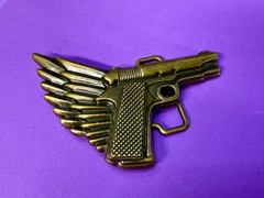 Winged Gun Flying Pistol Handgun Figural Cutout Brass Tone 4&Prime; Wide Belt Buckle