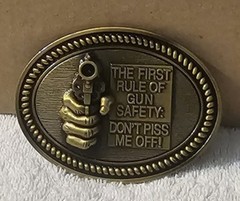 FUNNY PISTOL FIRST RULE OF GUN SAFETY RODEO COWBOY BELT BUCKLE