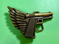 Winged Gun Flying Pistol Handgun Figural Cutout Brass Tone 4&Prime; Wide Belt Buckle