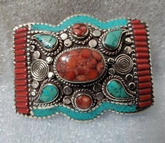 Tibetan Silver Belt Buckle Leather waist trap Turquoise Coral Clasp, B24