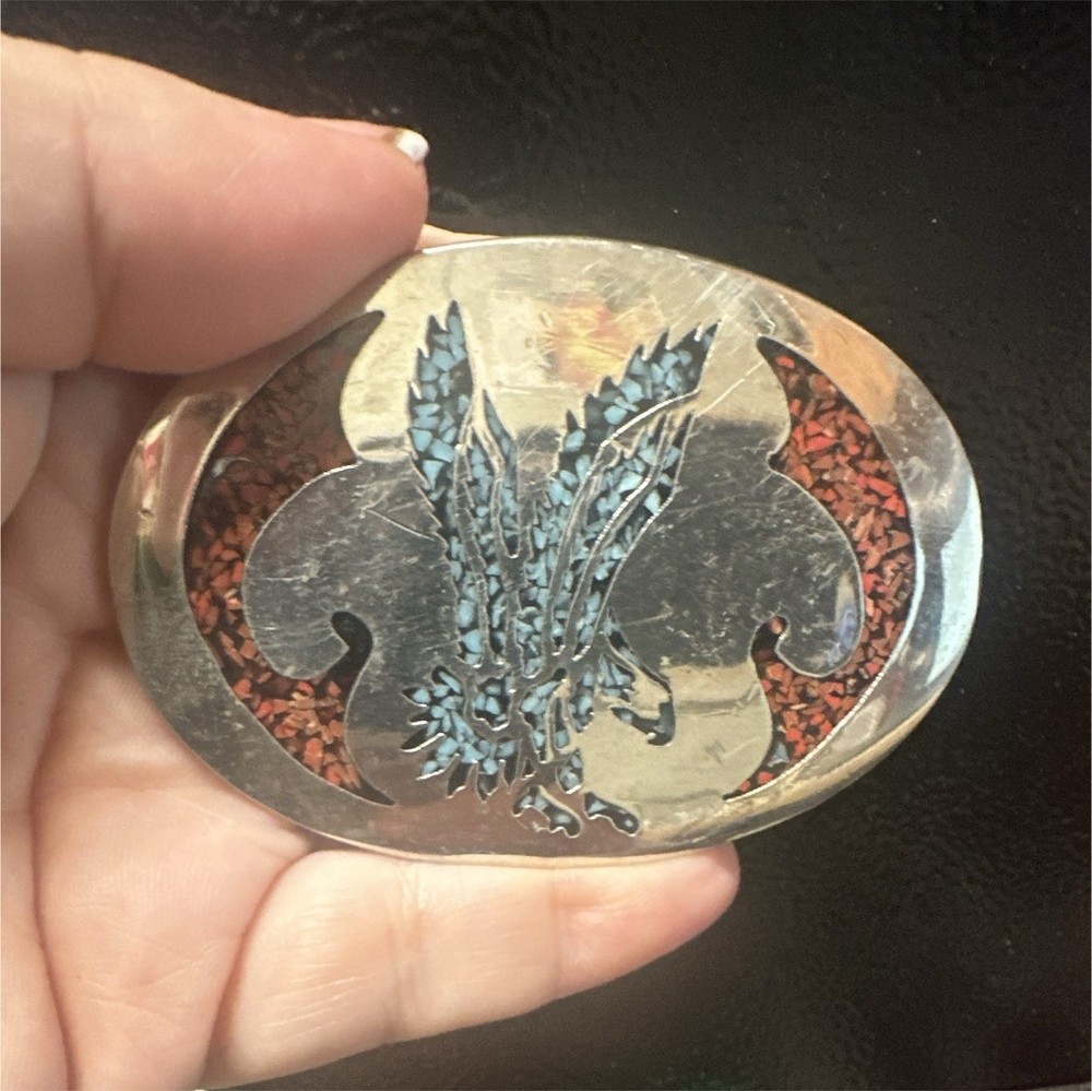 Oval Western Eagle Belt Buckle Metal Enamel Silver Blue Red Fits 1.5 in