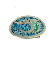 Vintage Belt Buckle Featuring A Marlin Design With Turquoise Mosaic Mexico