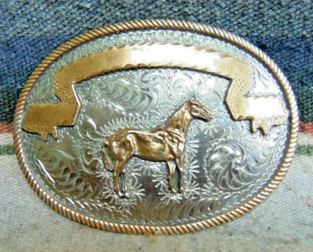 German Silver / Bronze Show Horse Trophy Belt Buckle Excellent Cond