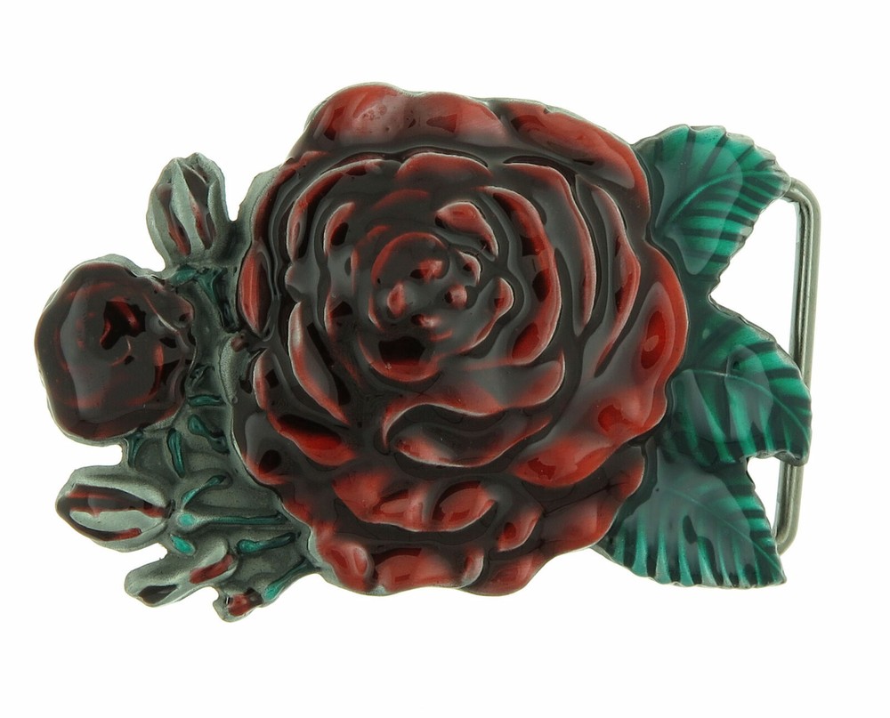 Red Rose Flower Enamel Metal Belt Buckle