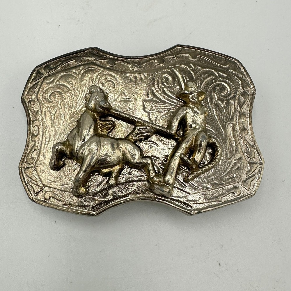Vintage Belt Buckle Western Cowboy Silver Roping Horse & Rider Rodeo Scene 882