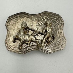 Vintage Belt Buckle Western Cowboy Silver Roping Horse & Rider Rodeo Scene 882