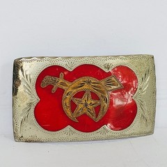 Vtg 70s Shriners Masonic Belt Buckle Red Silver Gold Scimitar Crescent Western
