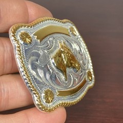 JUSTIN Silver Mexico Horse Head 2-5/8”x2-1/8” Belt Buckle SHINY GOLD SILVER Tone