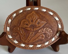 Oval Genuine Floral Leather Belt Buckle Multi-Colored Tan Brown White